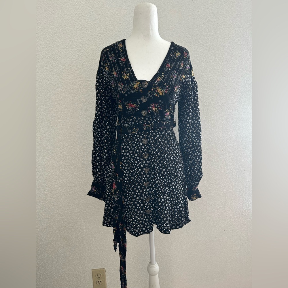 Free People Black Floral Long Sleeve Dress size XS - Picture 4 of 11